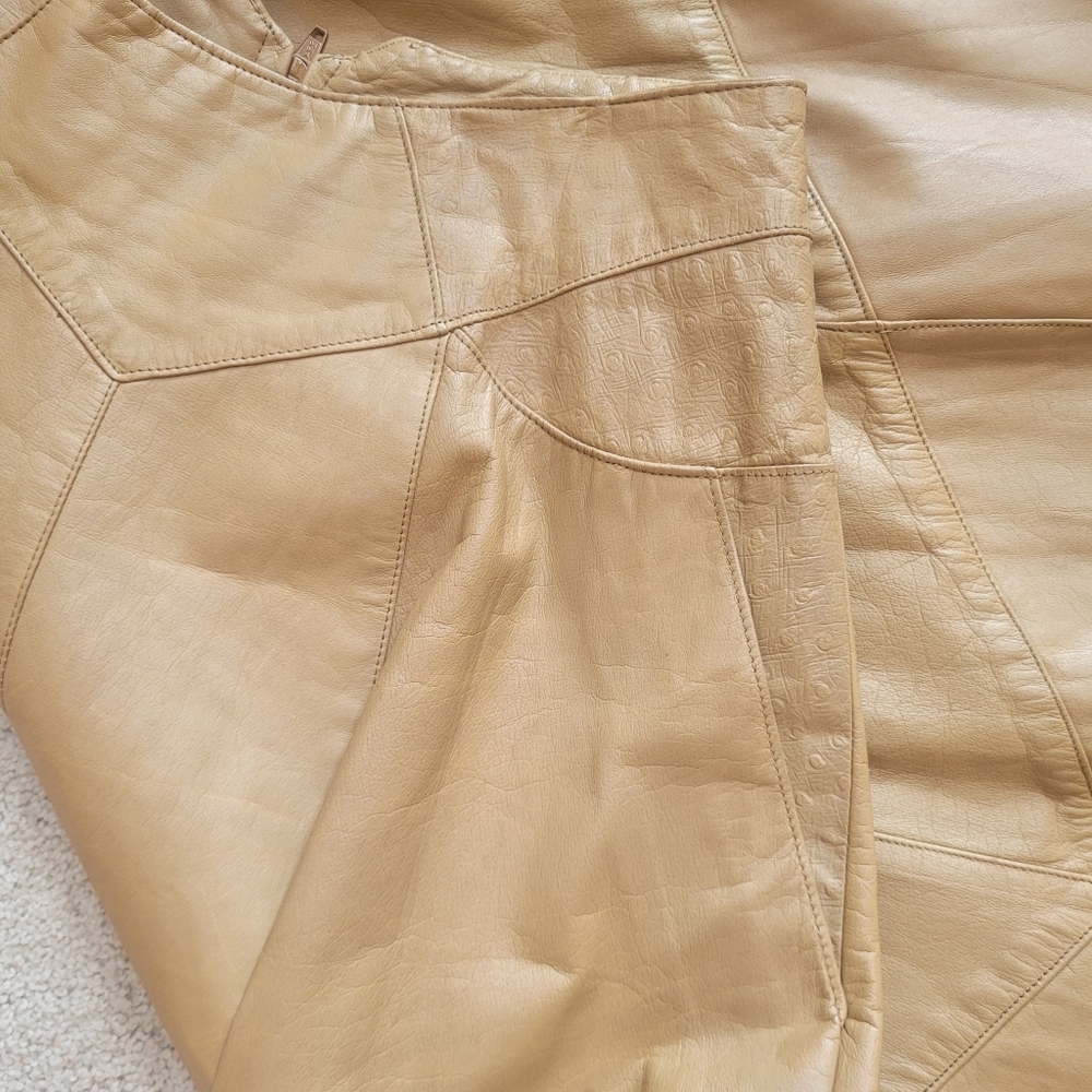 Vintage Women’s Tan Genuine Leather A-Line Skirt With Side Pockets M/L - Picture 7 of 8